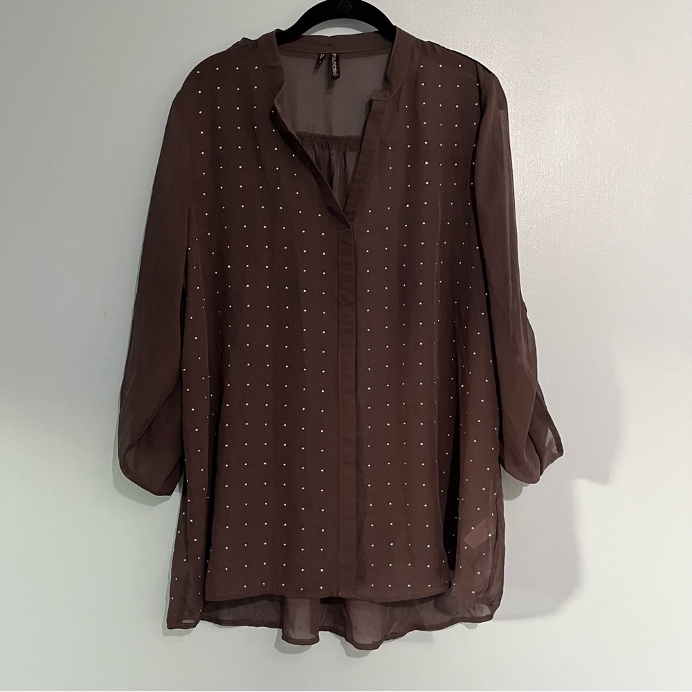 Maurices Black Sheer Blouse embellished roll tab sleeves pull on